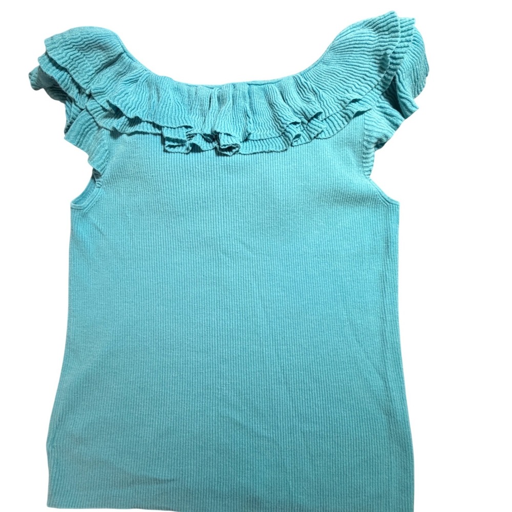 Lauren Ralph Lauren Silk Blend Ruffle Neck Ribbed Knit Top Turquoise Blue Large - Picture 6 of 8